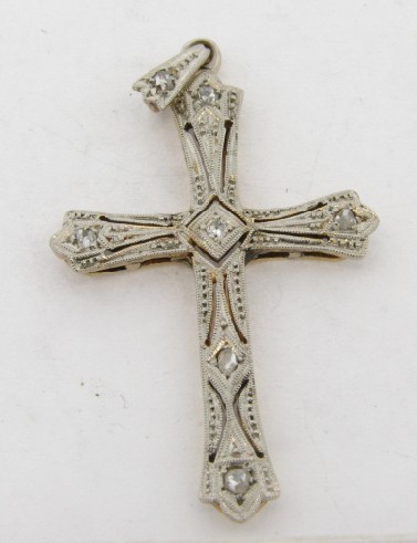 Antqiue Art Deco 18k Seven Diamonds Pendat Cross  