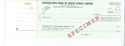 Netherlands Bank of South Africa LTD Specimen Cheque  