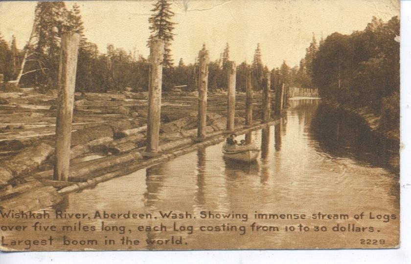   RIVER ABERDEEN WASHINGTON LARGEST LOG BOOM 1913 VINTAGE POSTCARD