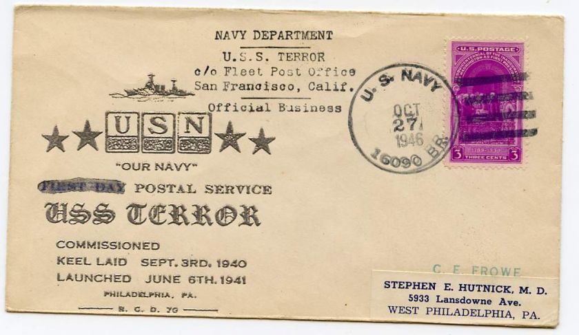 USS Terror 1946 Cacheted Naval Cover  