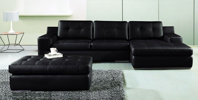 Modern black leather sofa sectional & chaise w/ ottoman  