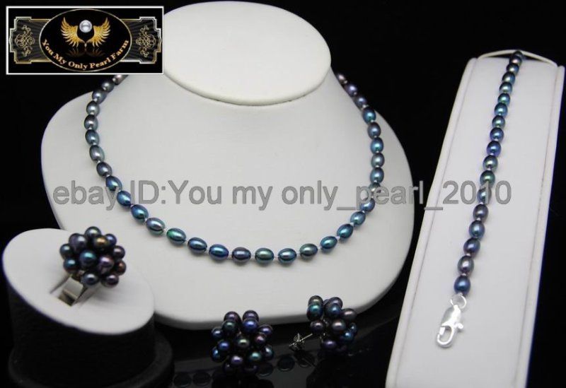 MPGenuine Cultured 5.5 6MM AAA+black pearl jewelry set  