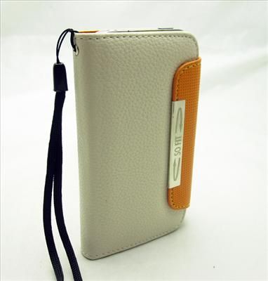 PU5 White orange Luxury Wallet Faux Leather Sleeve Case for iPhone 4 