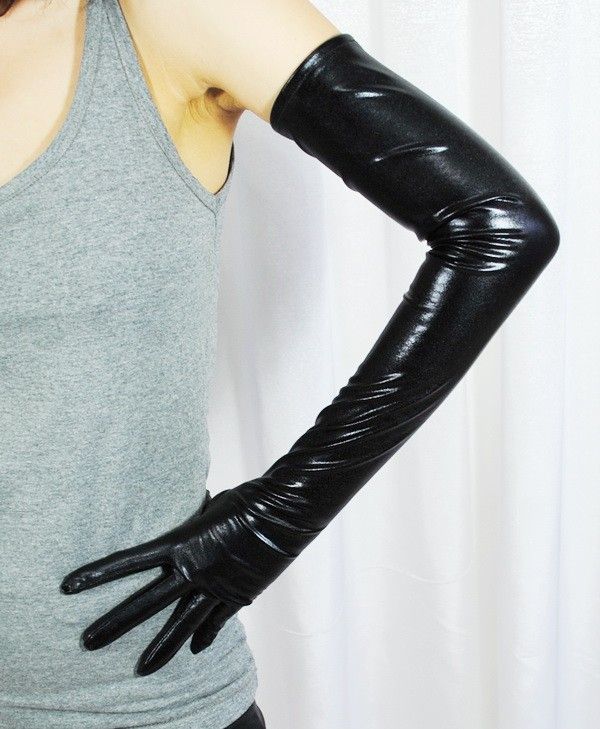 Black Metallic Latex Look Extra Long Over Elbow Gloves  